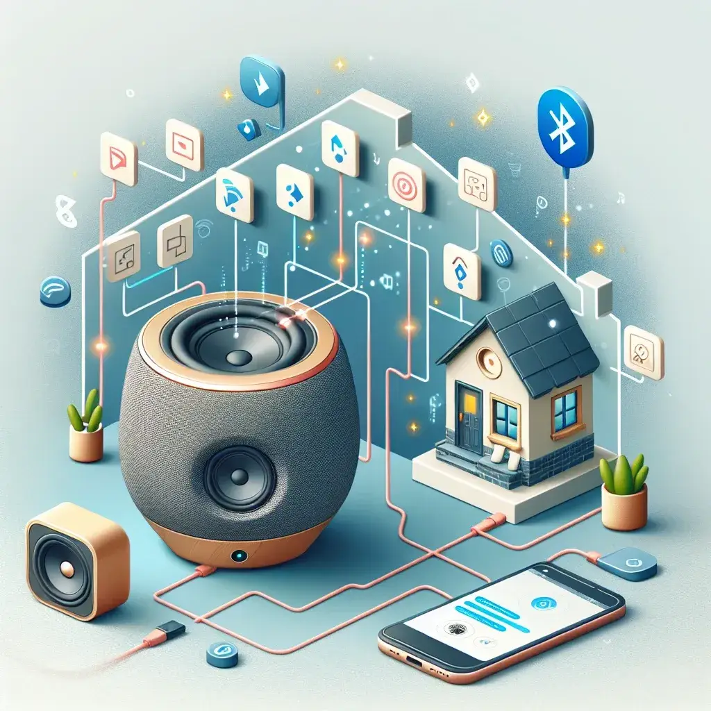 "Ilustrasi cara memasangkan speaker Bluetooth dengan sistem rumah pintar menggunakan aplikasi mobile, menunjukkan langkah-langkah pengaturan dan koneksi."
