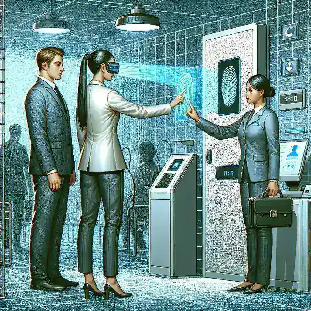 "Ilustrasi sistem akses biometrik bertenaga AI di kantor pemerintahan, menunjukkan teknologi modern untuk meningkatkan keamanan dan efisiensi."