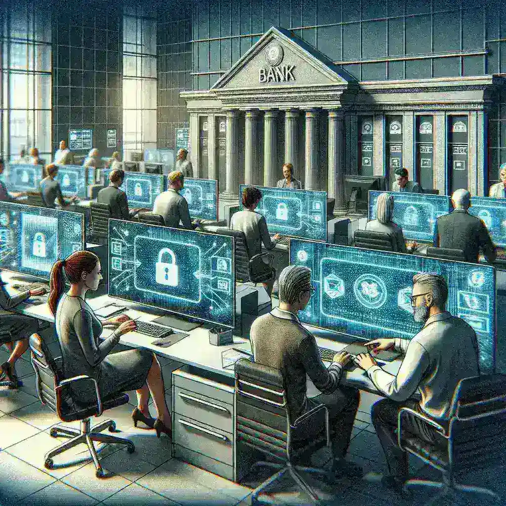 "Imagen de un edificio moderno de institución financiera con servidores y tecnología de cifrado, ilustrando la adopción de cifrado obligatorio en todas las transacciones financieras por parte de las instituciones financieras."