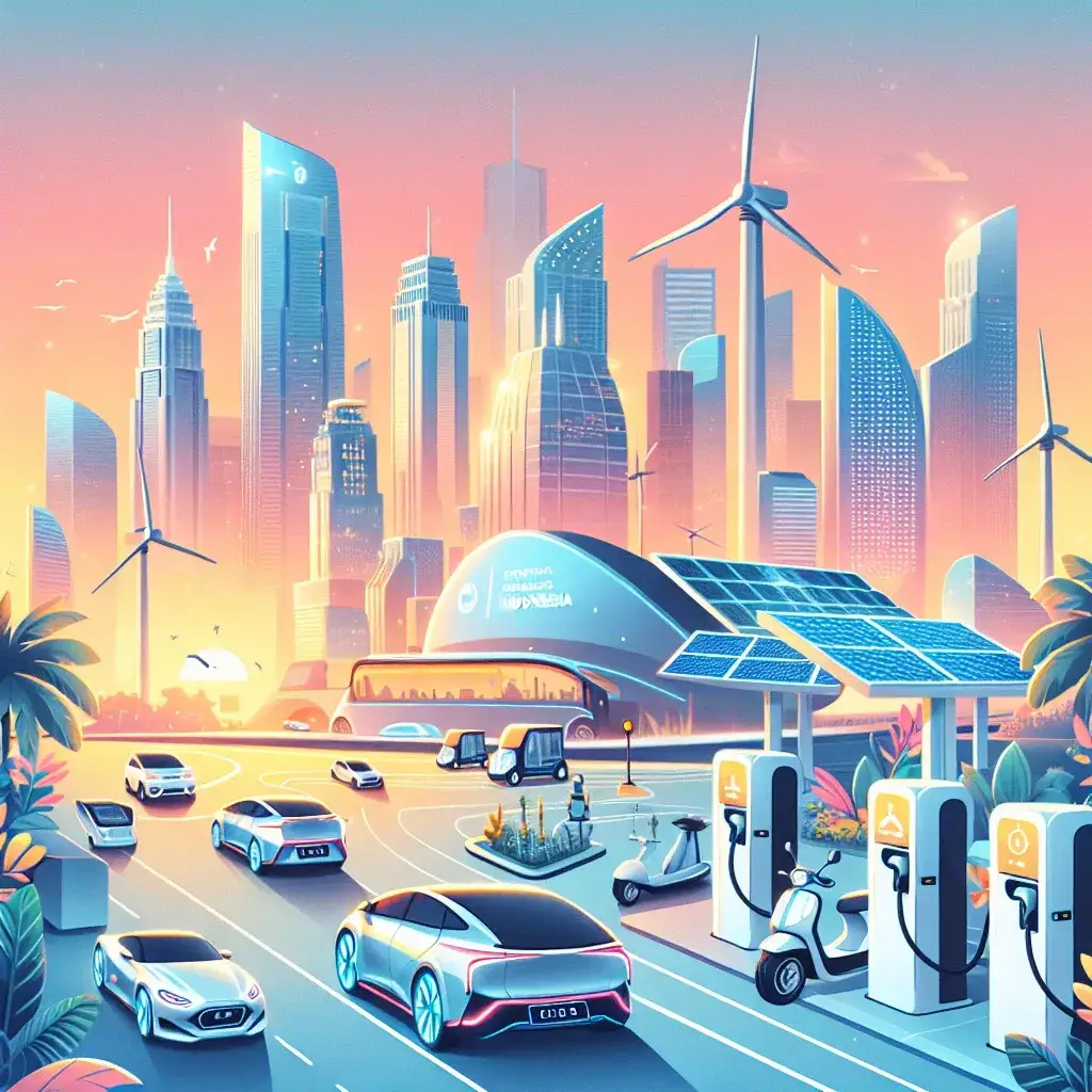 "Indonesia announces target of 25,000 active public EV chargers by 2030 with an image of charging stations in a sustainable urban landscape."